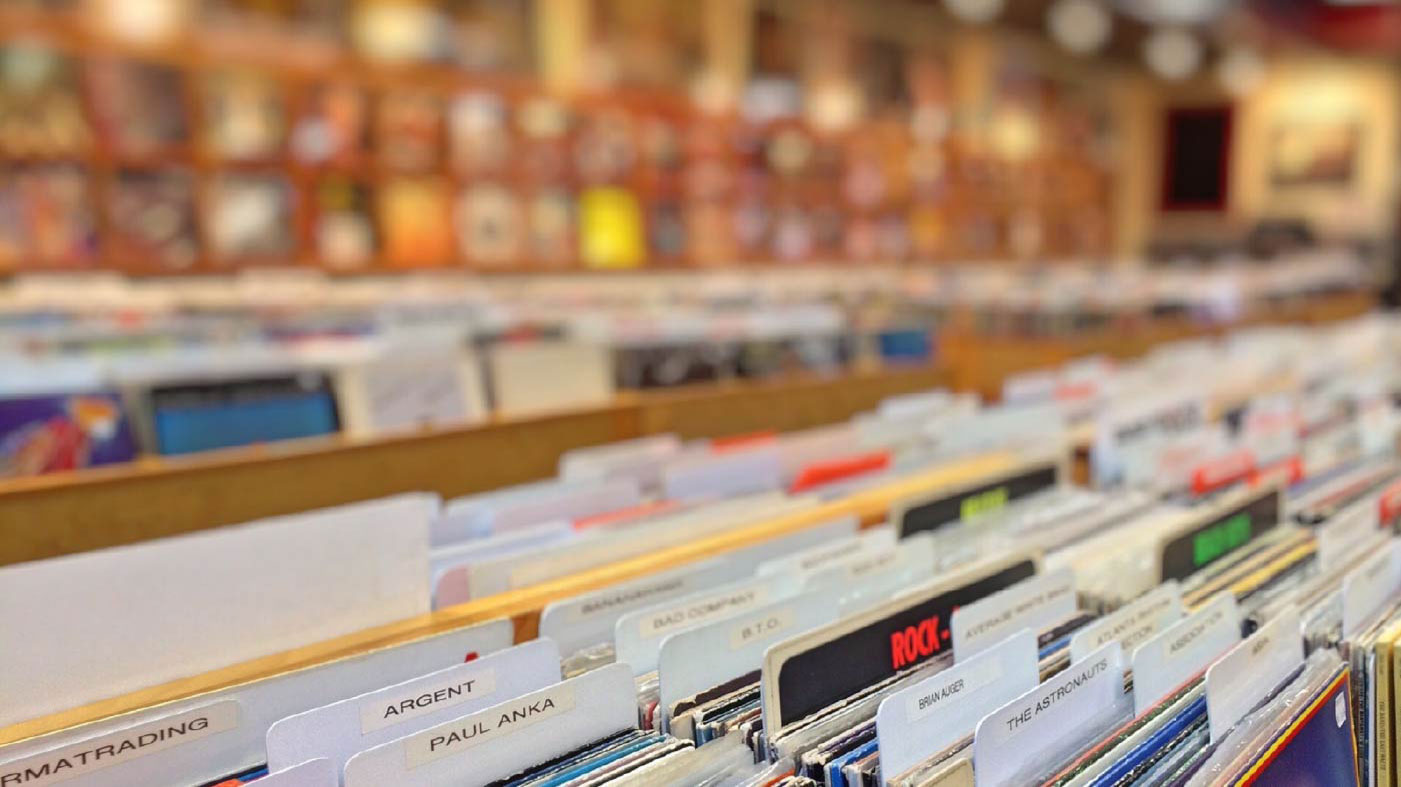 Shelves of books and records