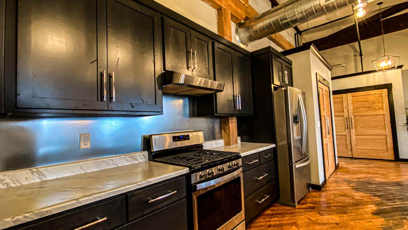 A kitchen inside one of the Lamys apartments.